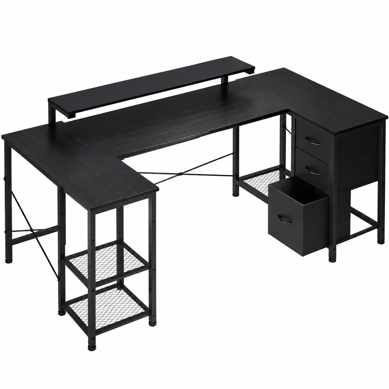 Eckschreibtisch – 170 × 95 × 75 cm, höhenverstellbar, mit Stauraum, mit LED-Beleuchtung, mit Schubladen, Schwarz