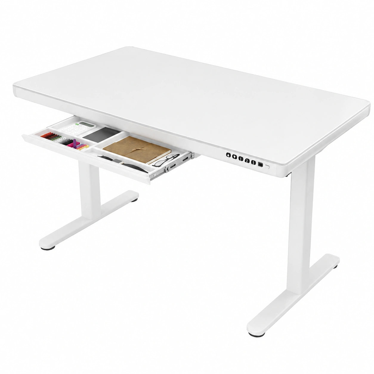 Schreibtisch – 140 × 70 cm, höhenverstellbar, mit Schubladen, elektrisch, aus Glas