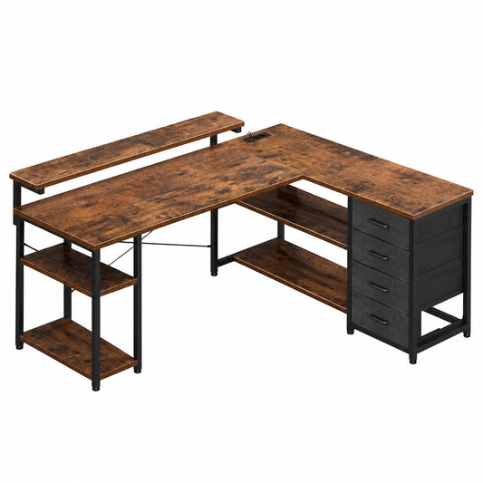 Schreibtisch – 135 × 110 cm, mit LED-Beleuchtung, mit Schubladen, Braun