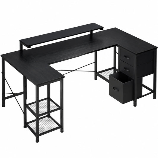 Eckschreibtisch – 170 × 95 × 75 cm, höhenverstellbar, mit Stauraum, mit LED-Beleuchtung, mit Schubladen, Schwarz